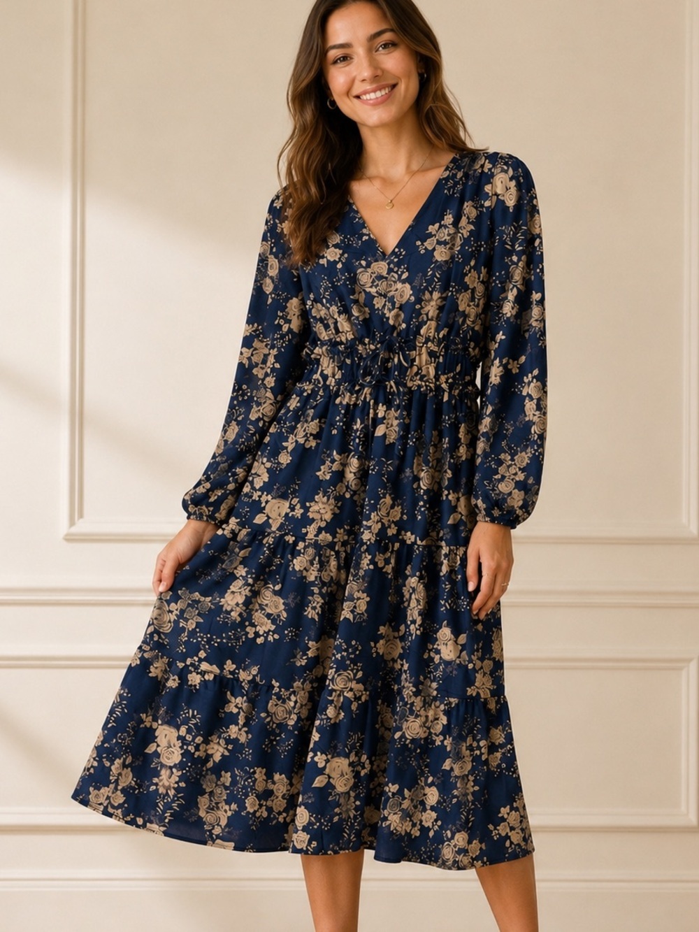 Polagram Navy and Beige Floral Midi Dress
